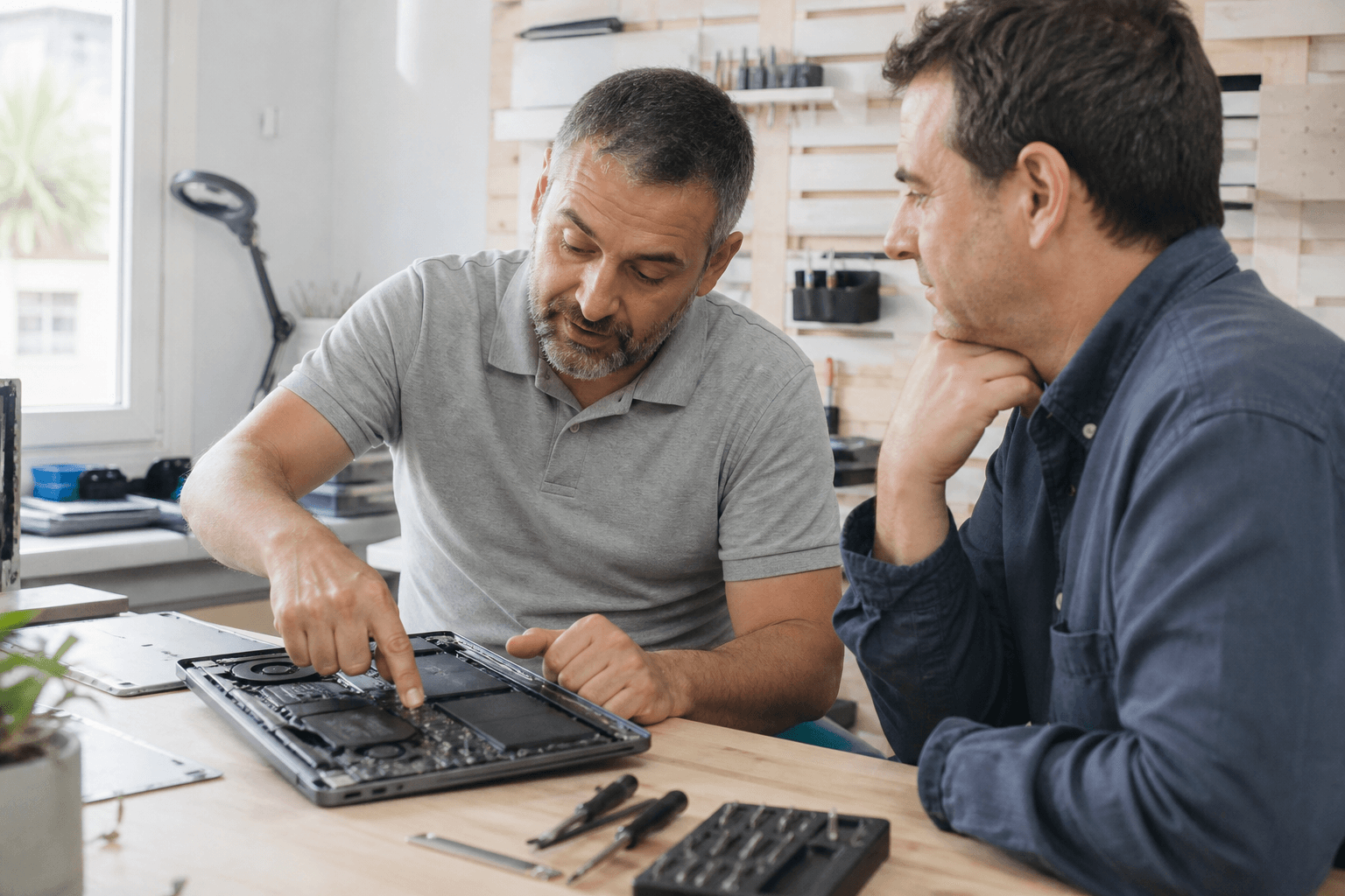 Un técnico explica a un cliente el diagnóstico de un portátil