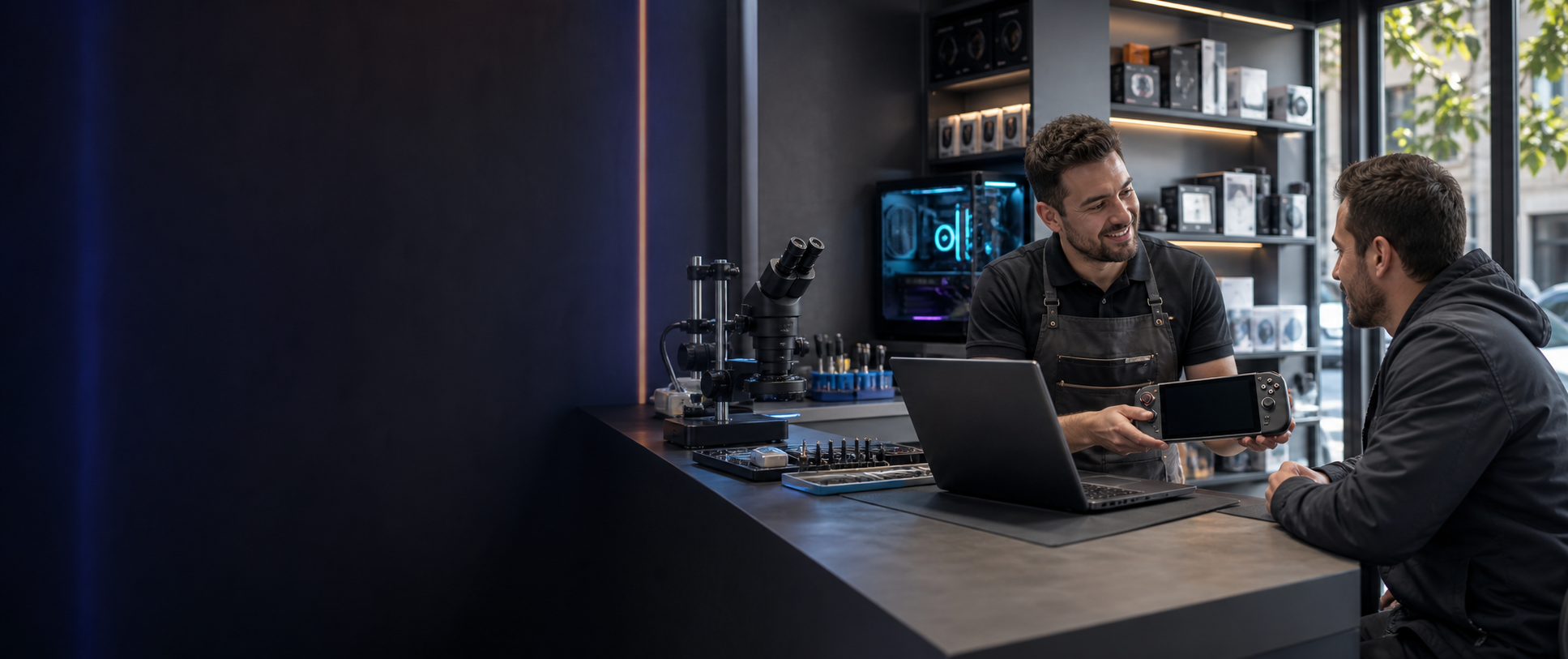 Un técnico de All4Tecno&Games explica una reparación a un cliente